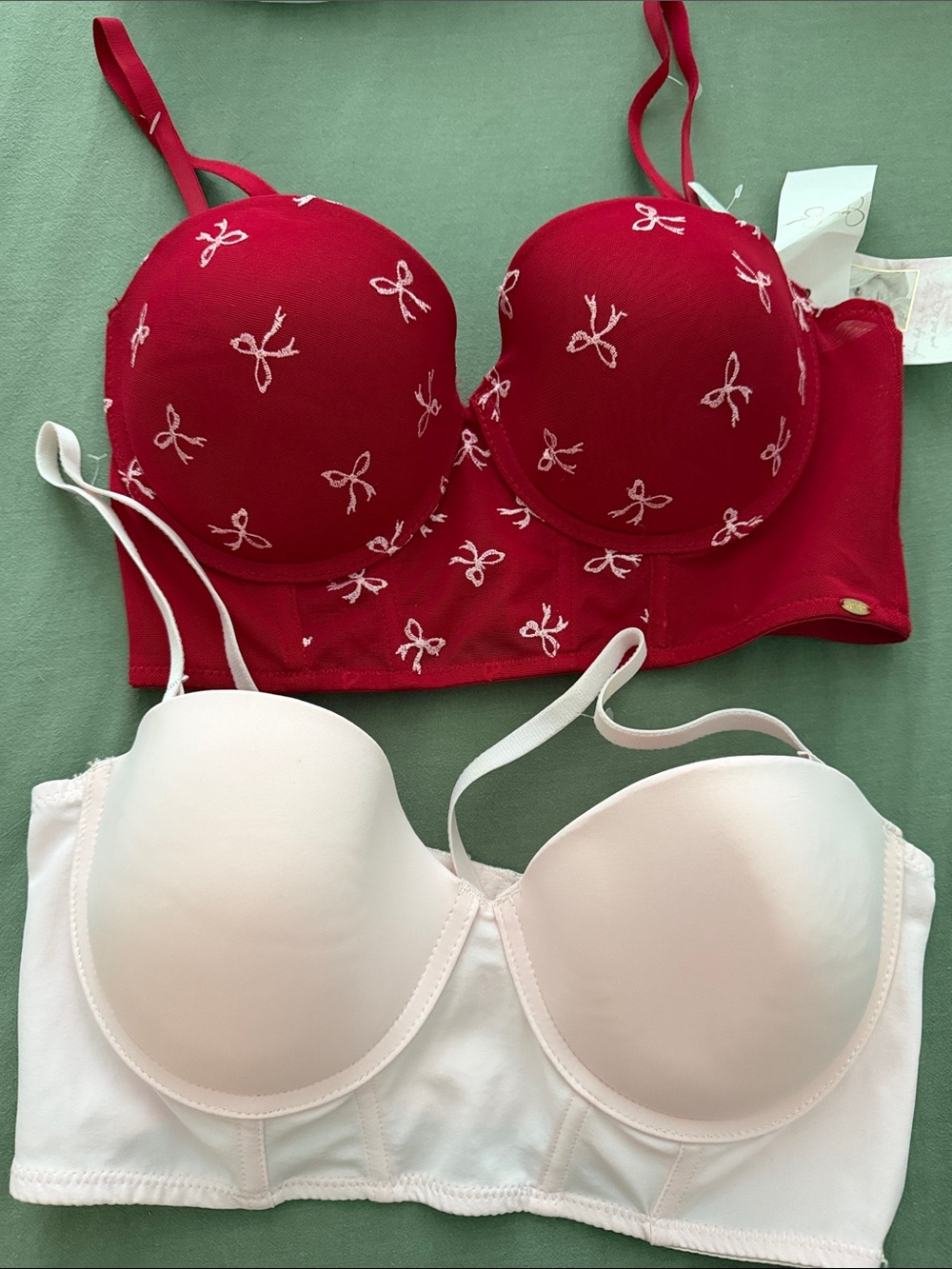 Red Bow-Print Longline Bra and Light Pink Strapless Longline Bra - Set of 2